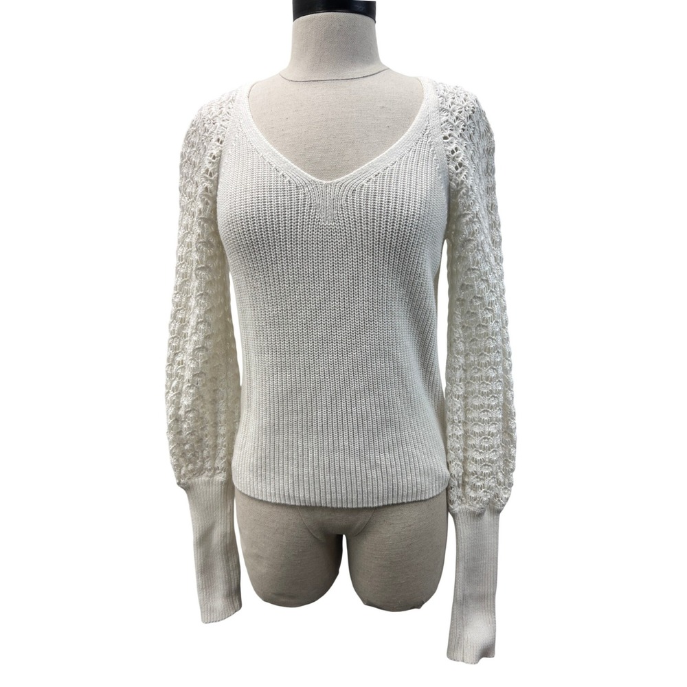 525 America Sweater Size Small White Excellent Puff Crochet Sleeve V-Neck Cotton
